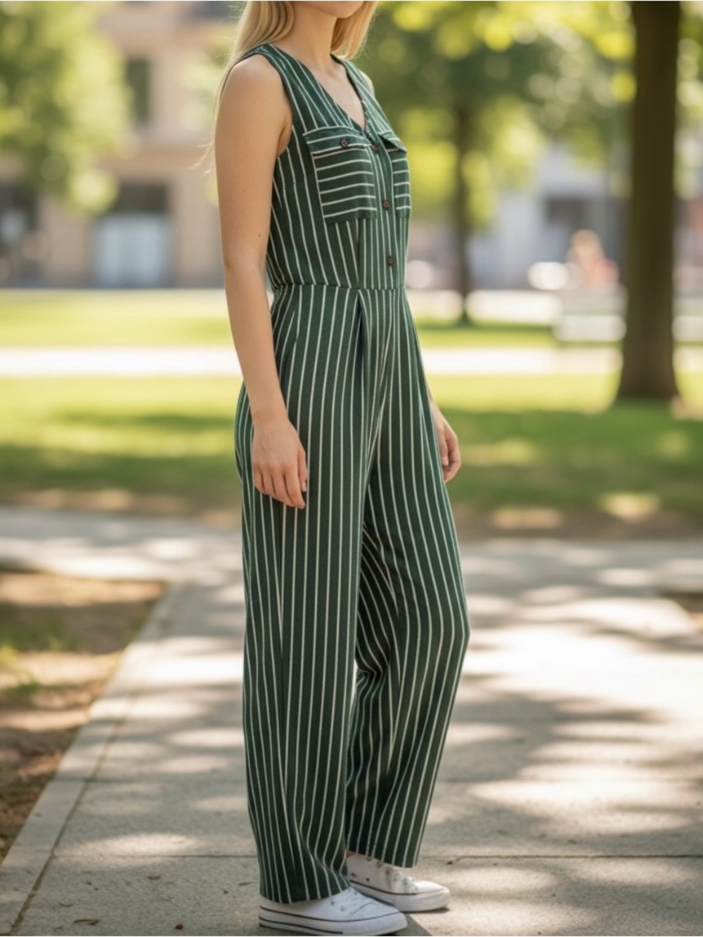 Monteau Women’s Green and White Stripe Sleeveless Wide Leg Jumpsuit Size Small